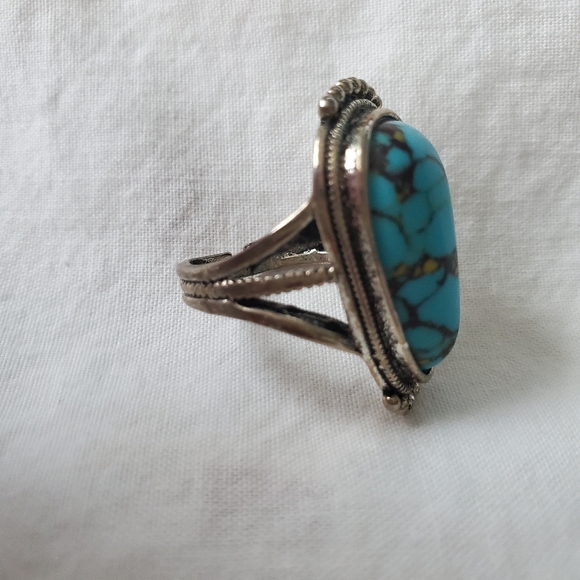 Turquoise Style Stone Ring Antiqued Silver Metal Adjustable Ornate Coastal Boho - Picture 7 of 9